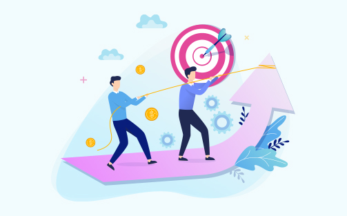 Two people pulling an arrow upwards